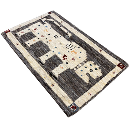 Gabbeh rug with a lion motif, diagonally oriented, cream and dark gray