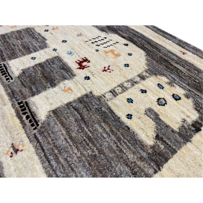Close-up of the carpet pattern: cream-colored areas, dark gray bars, colorful dots