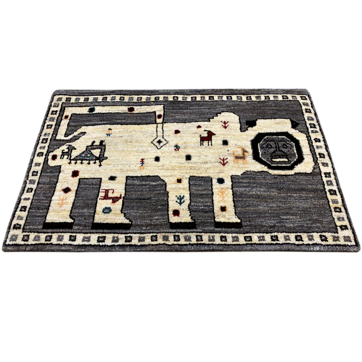 Gabbeh rug in gray and ecru with decorative symbols and a wide border