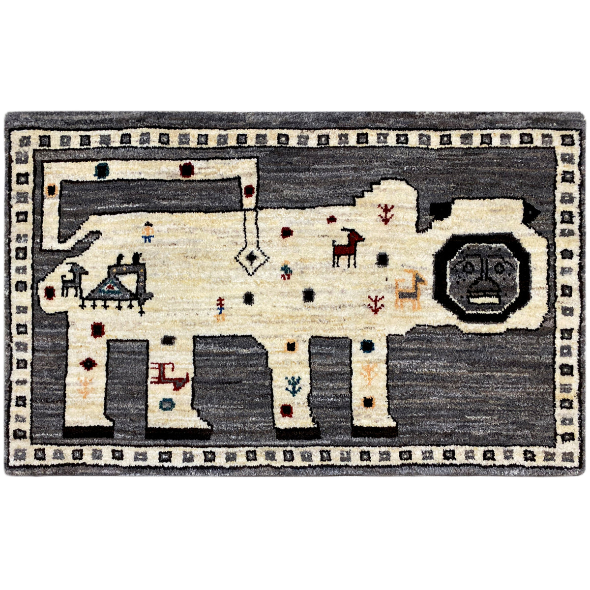 Gray Gabbeh rug with an ecru patterned field and graphic border design