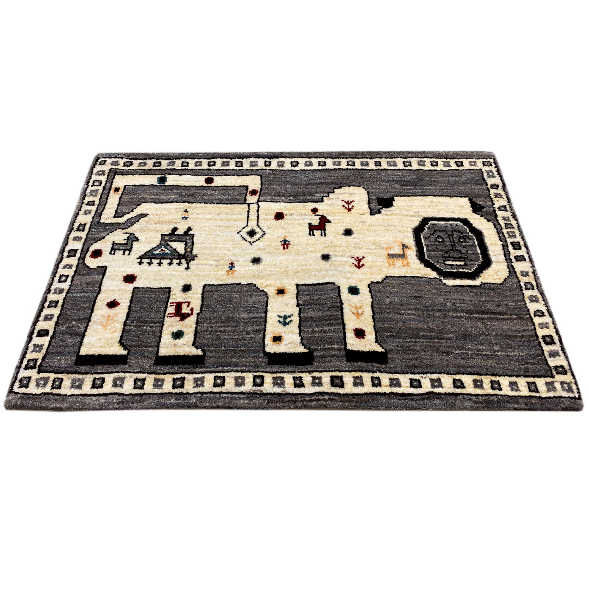 Rectangular Gabbeh rug with cream-colored areas, gray elements, and splashes of color
