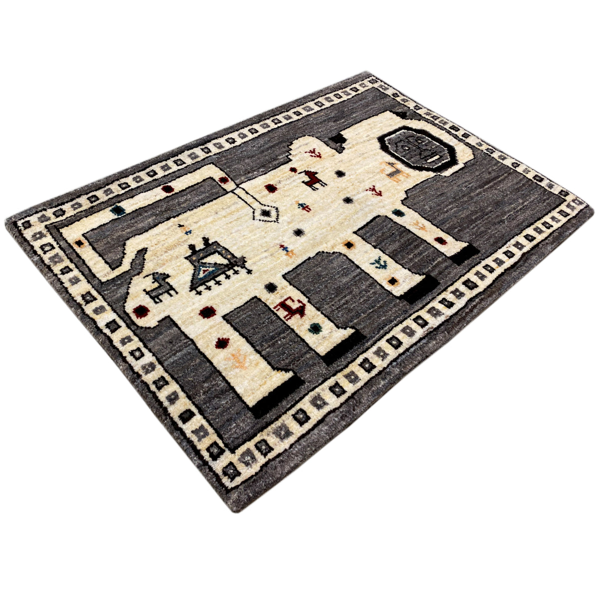 Gabbeh rug in diagonal view with a cream-colored background and gray pattern elements