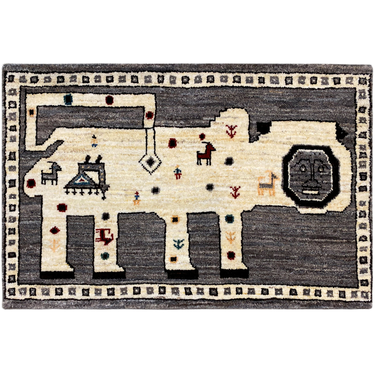 Gabbeh rug with a gray border, cream-colored field, and multicolored motifs