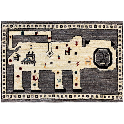 Gabbeh rug with a gray border, cream-colored field, and multicolored motifs