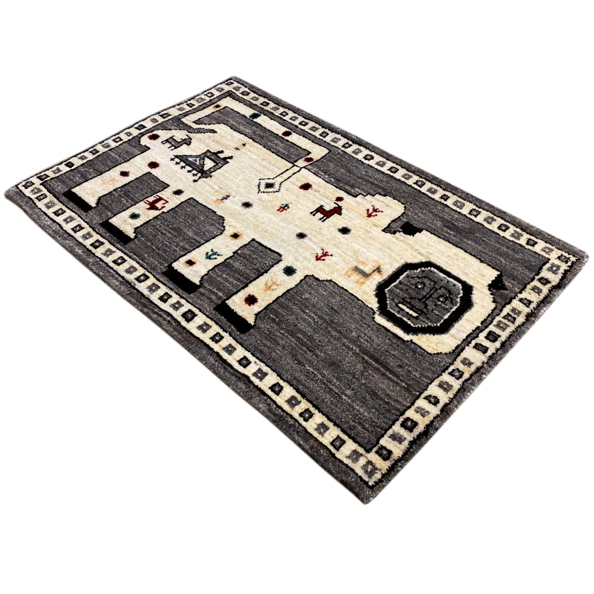 Rectangular Gabbeh rug, cream-colored pattern field with gray areas and an ornamental border