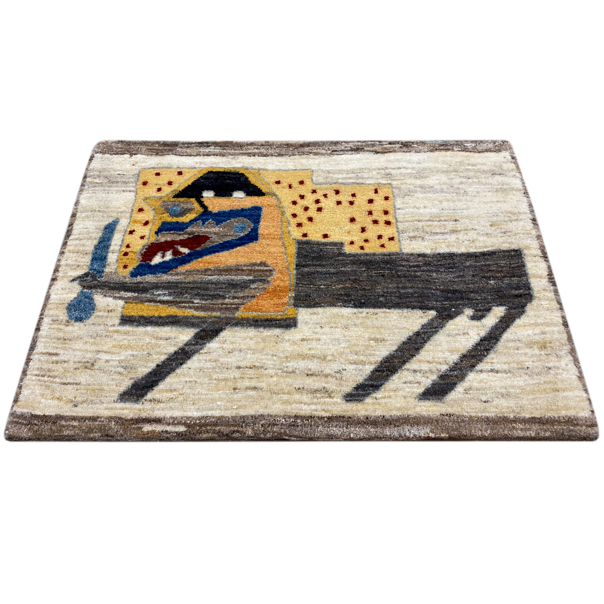 Rectangular beige rug with a picture design and black lines, vintage look