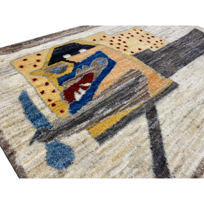 Close-up of the carpet pattern: vehicle motif with dots, blue, red and yellow on beige
