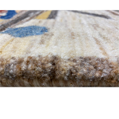 Close-up of the back of a rug: dense pile with brown fibers and a beige base surface