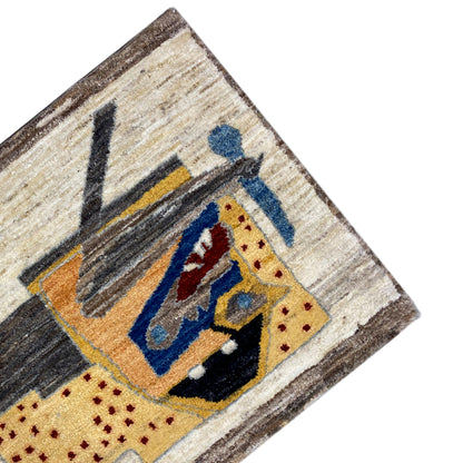Close-up at the edge: beige pattern with a yellow square, blue figure, and dark lines