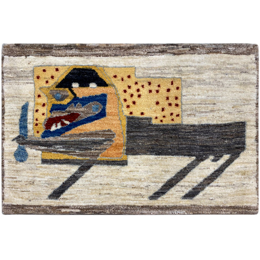 Beige rug with a multicolored vehicle and line pattern, rectangular, with a fringed edge