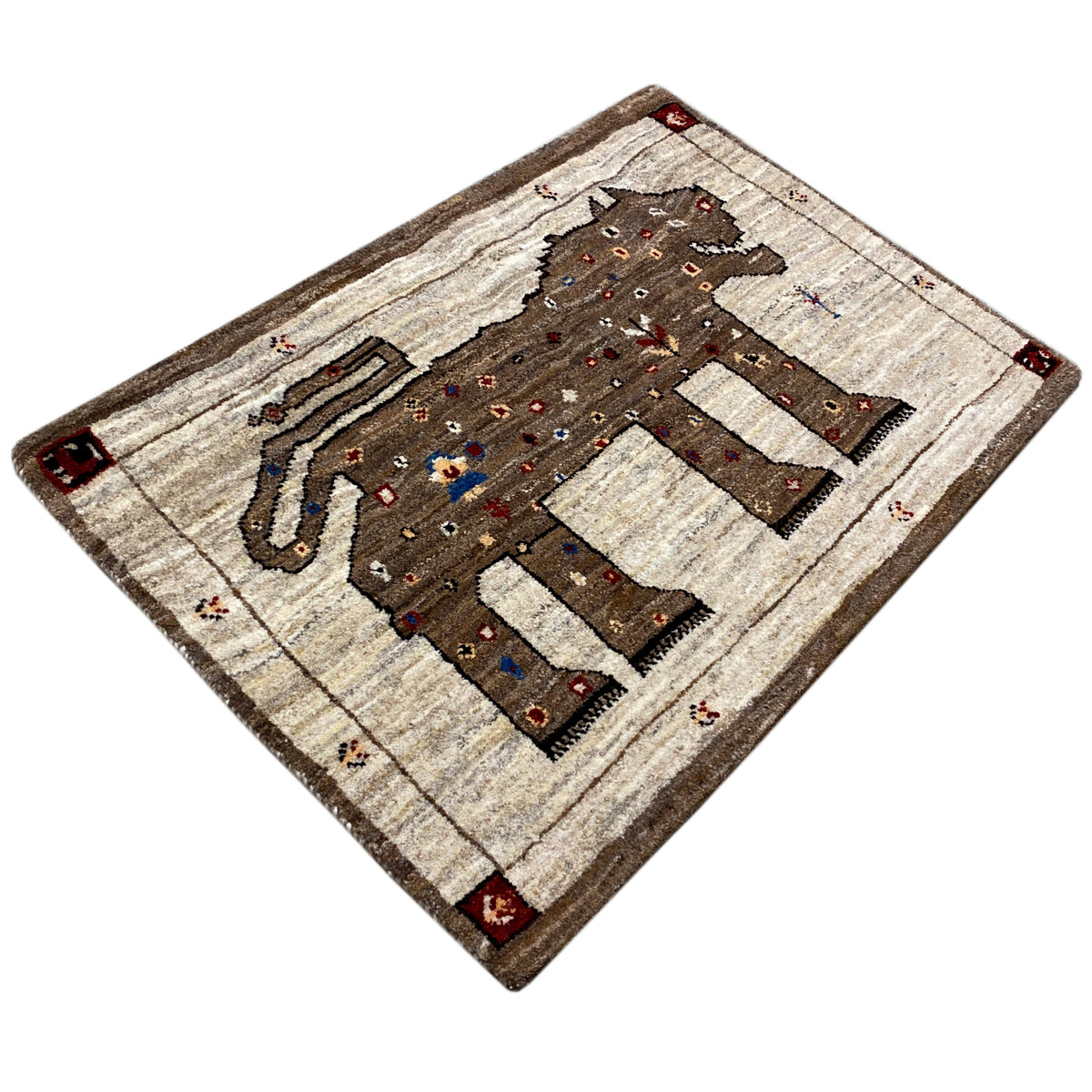 Brown Gabbeh rug with lion motif, rectangular, spread-out view