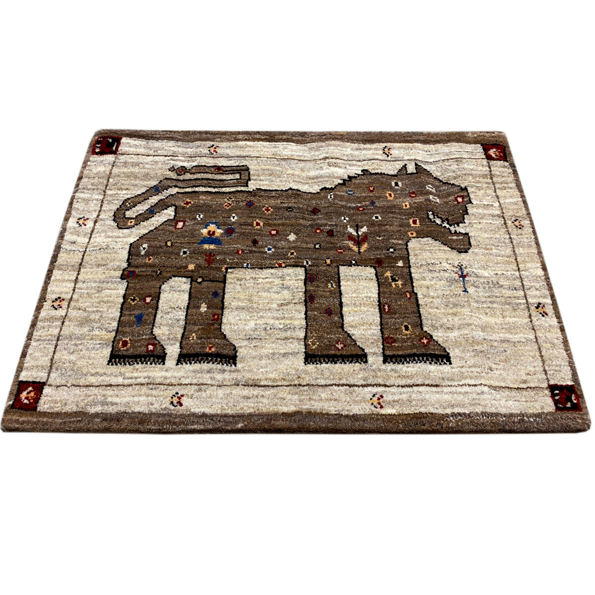 Brown Gabbeh rug with lion motif, detailed embroidery, rectangular
