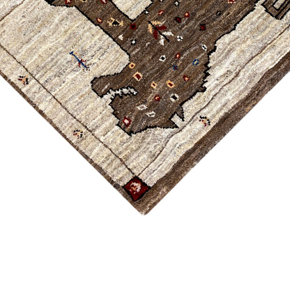 Corner of the brown Gabbeh rug with a lion motif, detailed view of the edge
