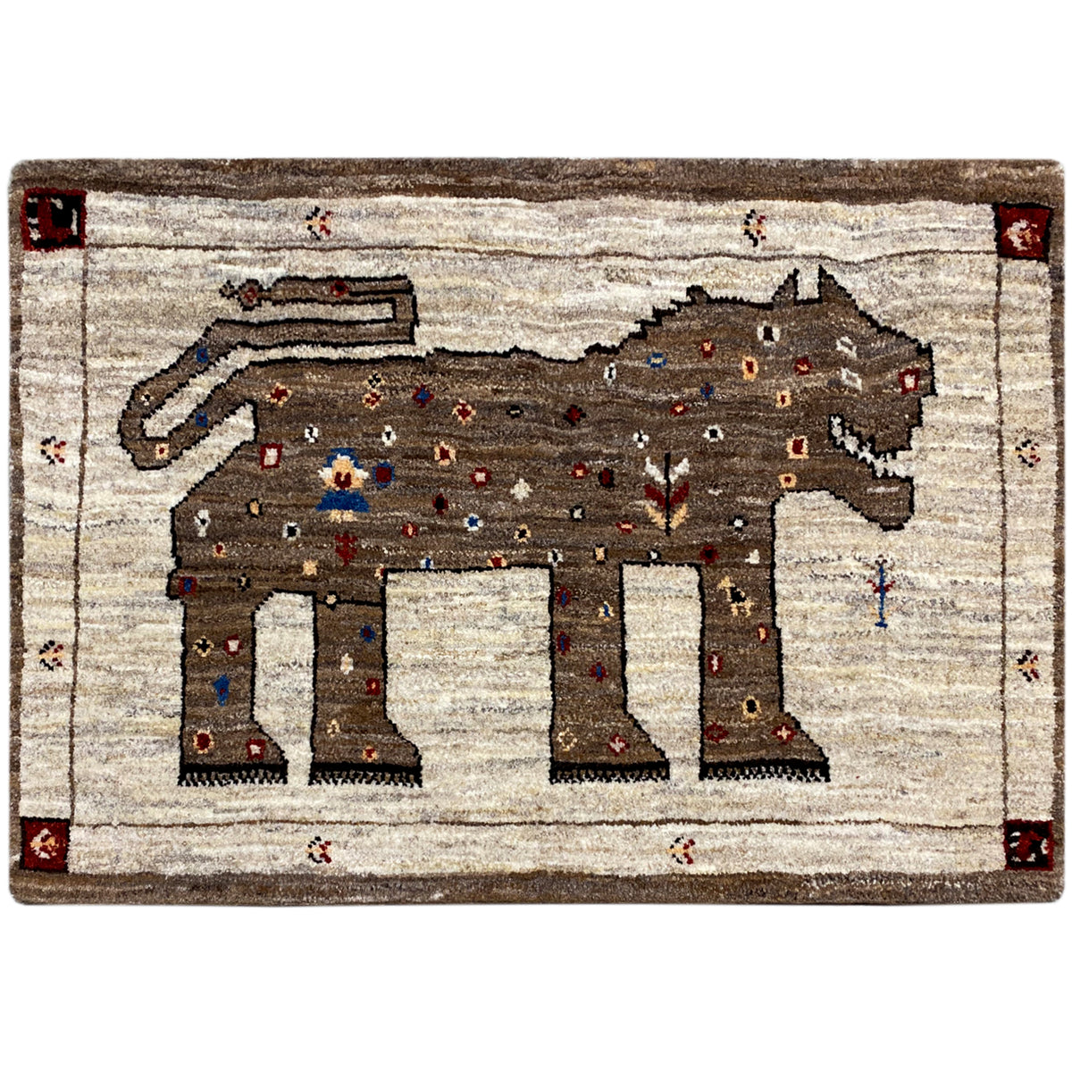 Brown Gabbeh rug with lion motif, rectangular, size 85x58 cm
