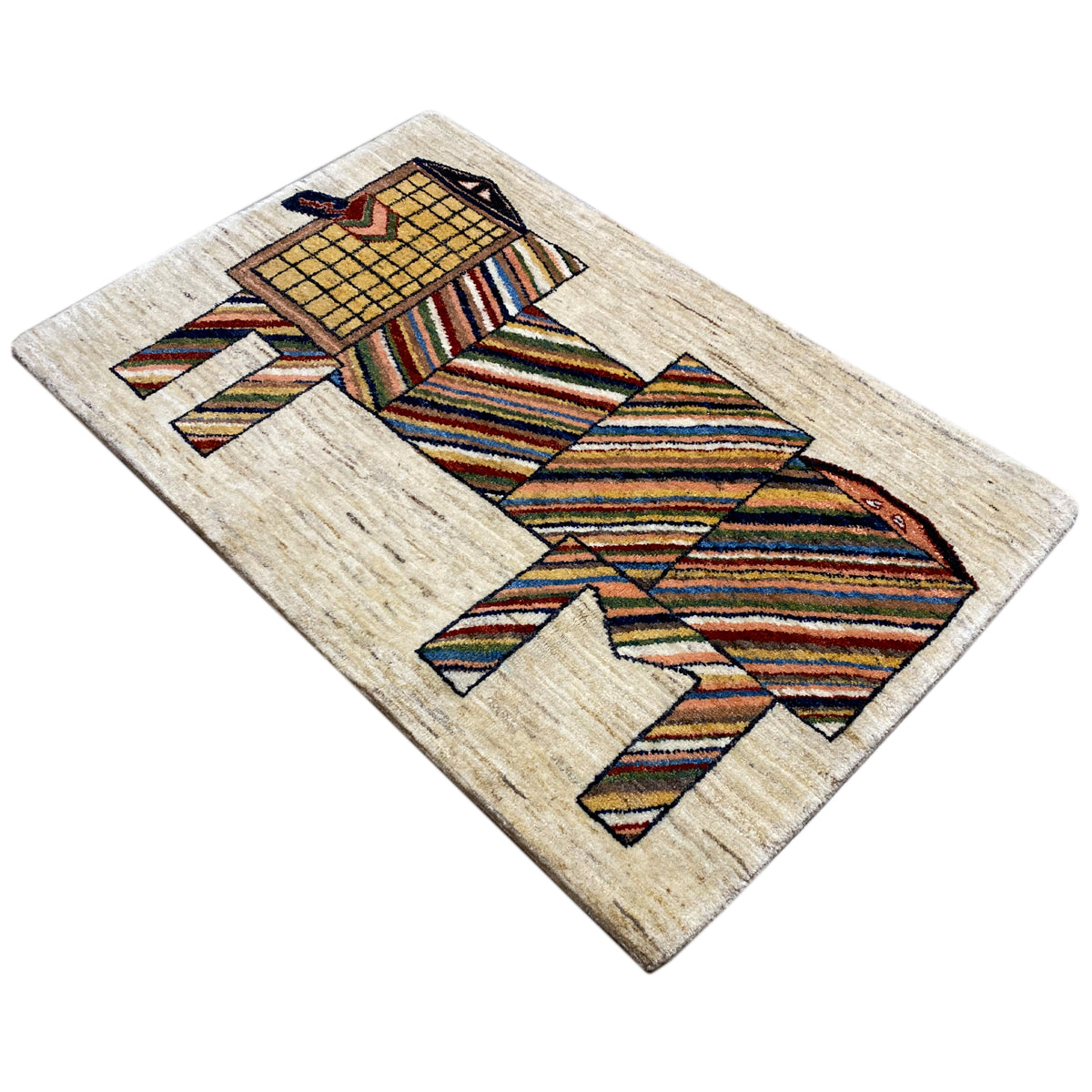 Beige rectangular rug with a geometric, colorful animal motif in diamond shapes