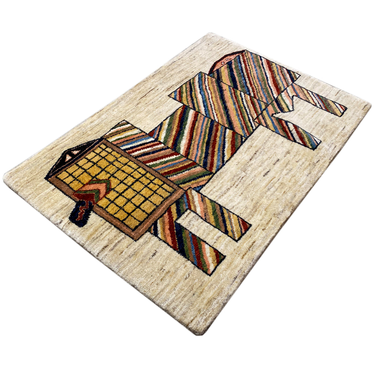 Beige rug with a colorful animal and stripe pattern, diagonal view