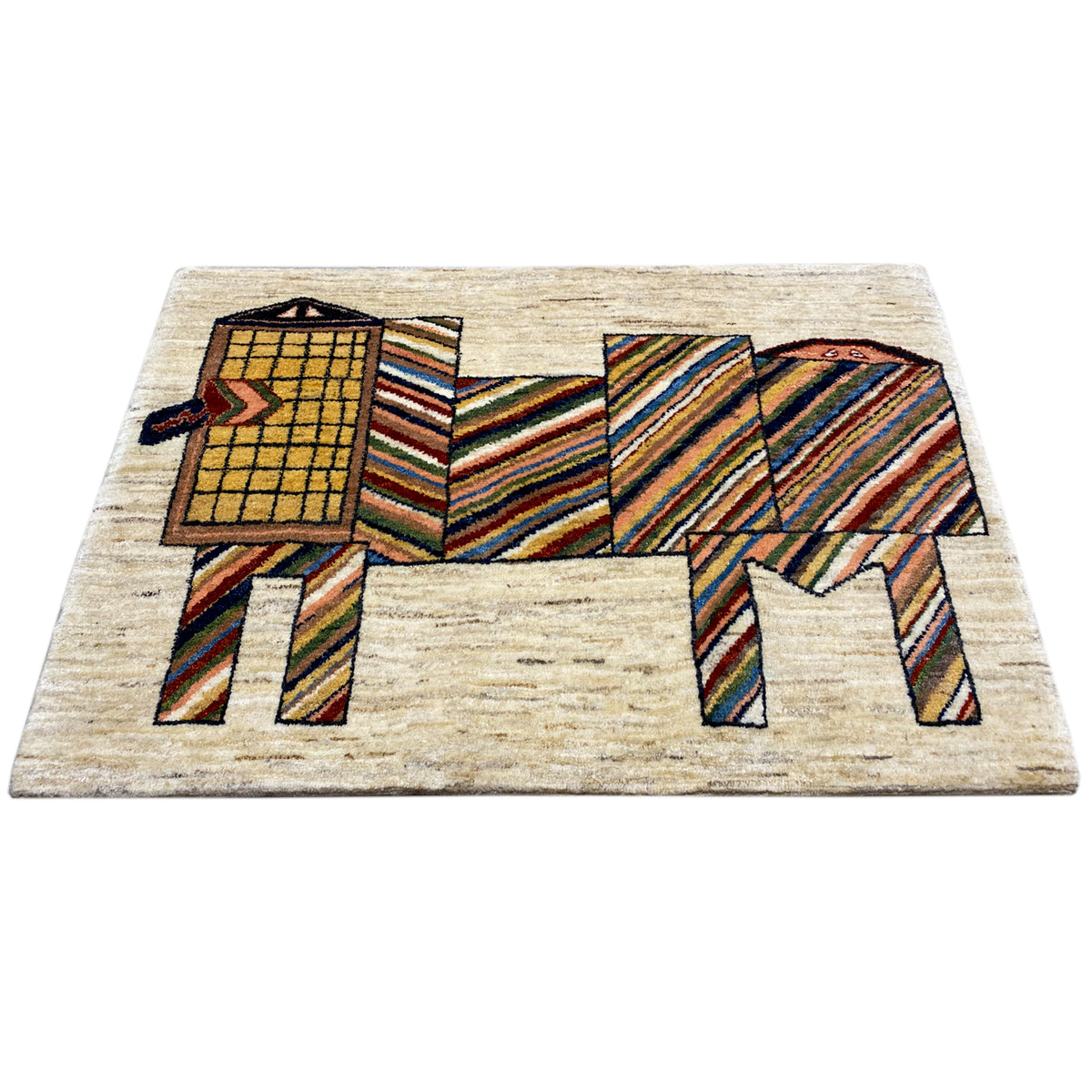 Beige rug with a colorful animal motif and stripes, flat-lying