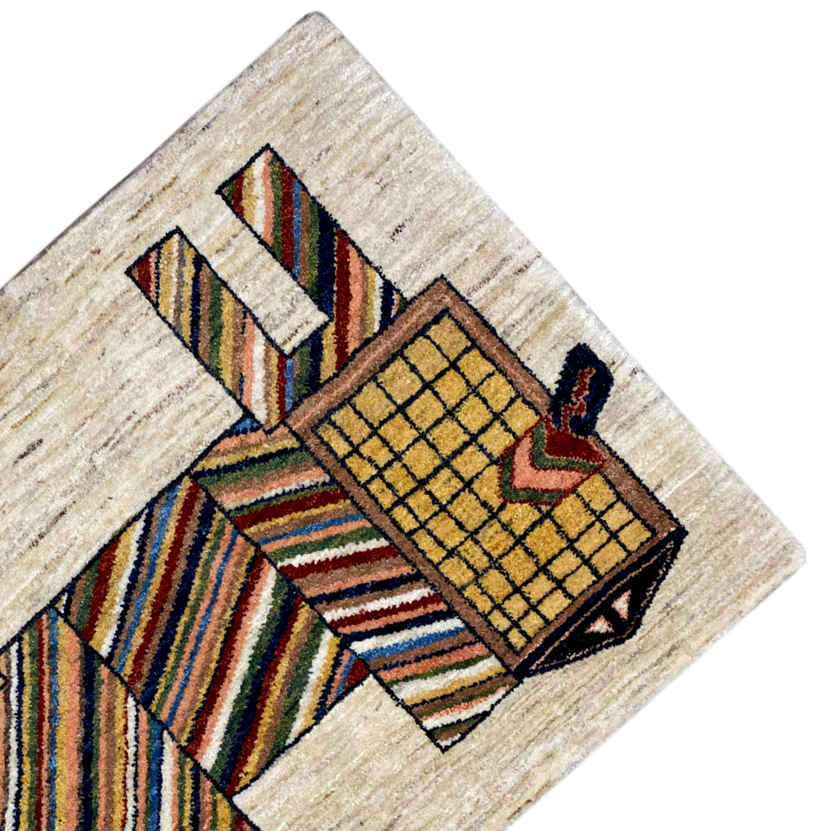 Beige carpet with colorful ornaments and a yellow grid field, angled
