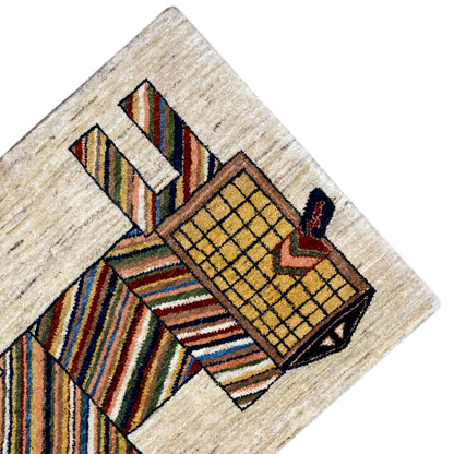 Beige carpet with colorful ornaments and a yellow grid field, angled
