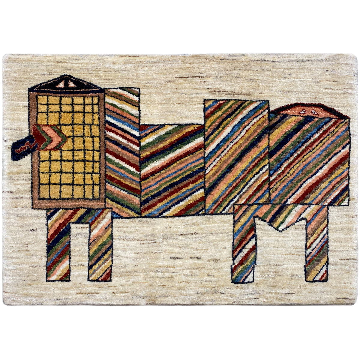 Beige rug with a colorful animal and stripe pattern, rectangular