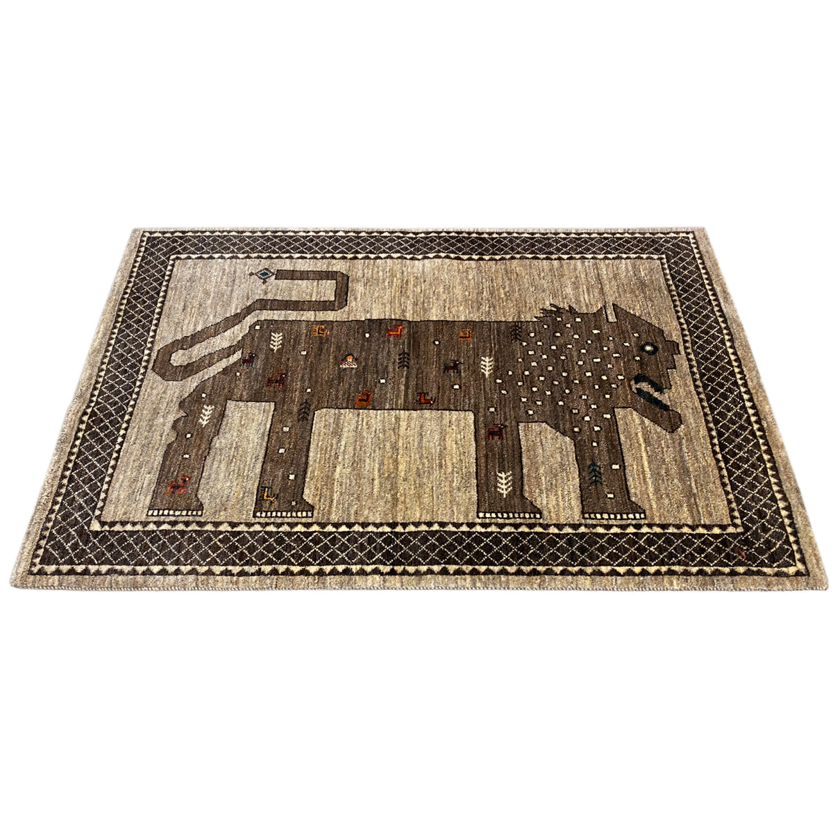 Lion Gabbeh rug 170x110 cm, flat-weave, beige-brown with geometric border design