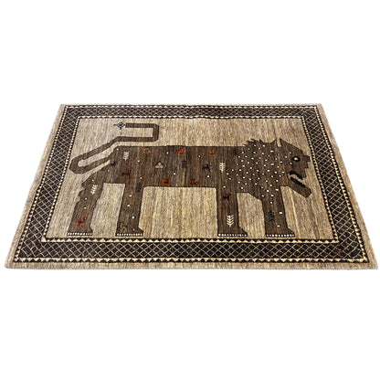 Lion Gabbeh rug 170x110 cm, flat-weave, beige-brown with geometric border design