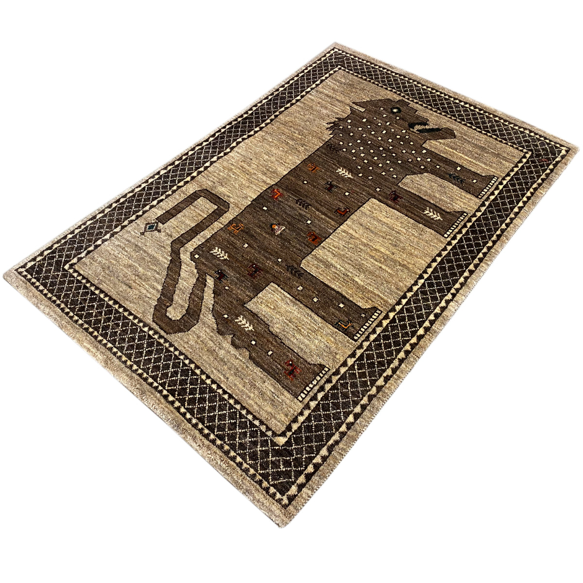 Lion Gabbeh rug 170x110 cm laid out, beige and dark brown with a border and figures