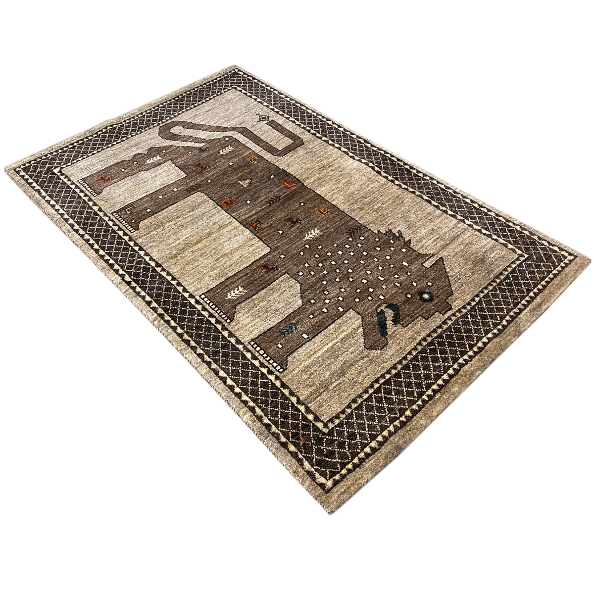 Lion Gabbeh rug 170x110 cm, angled view, beige and dark brown with border