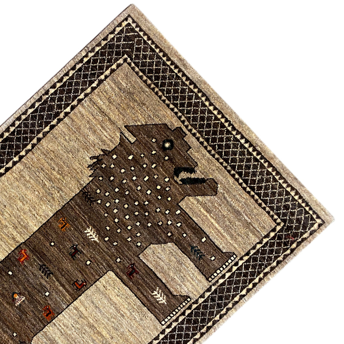 Lion Gabbeh rug 170x110 cm close-up of the pattern, dark brown figures on a beige background