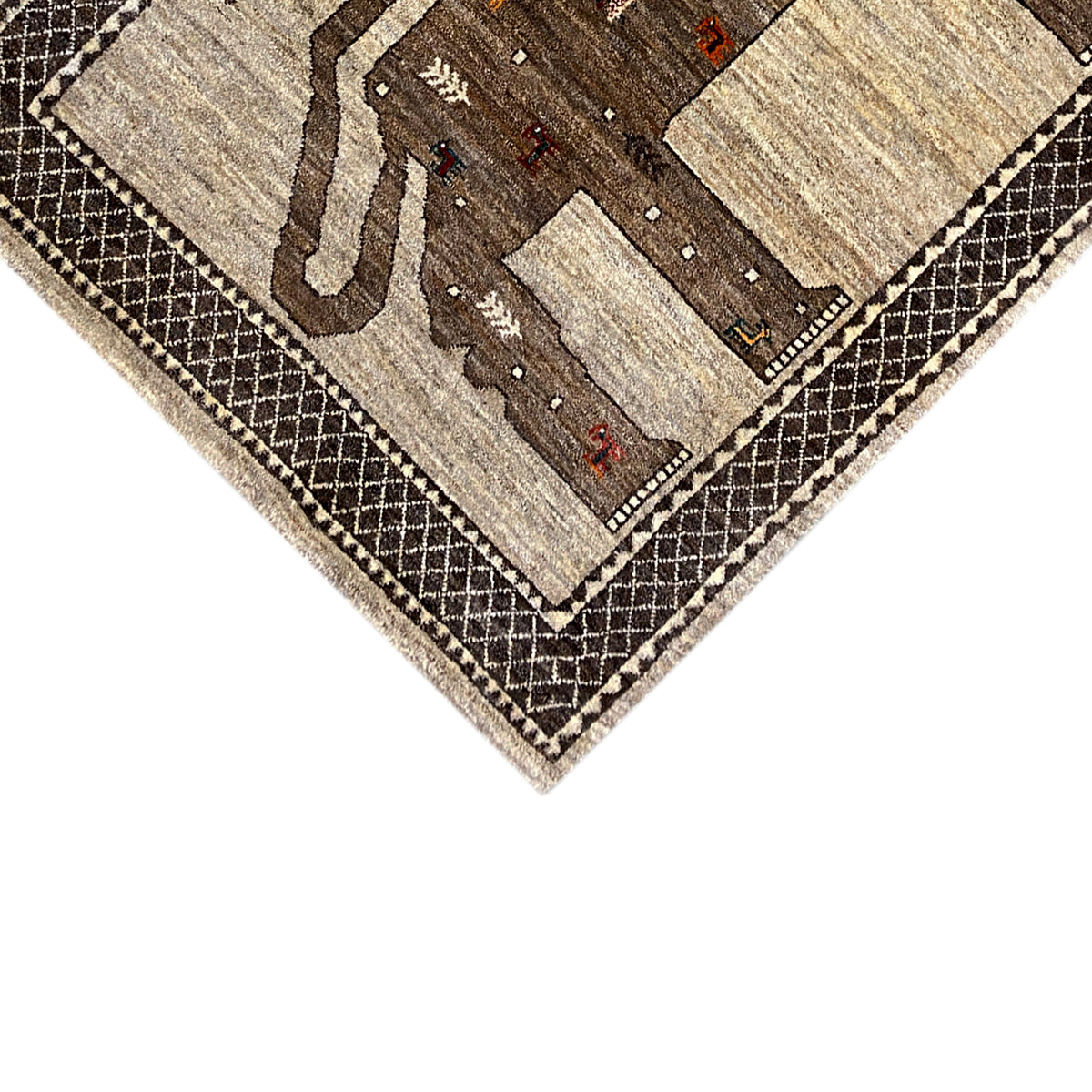 Lion Gabbeh rug 170x110 cm, corner with border and fine woven pattern, beige/dark brown