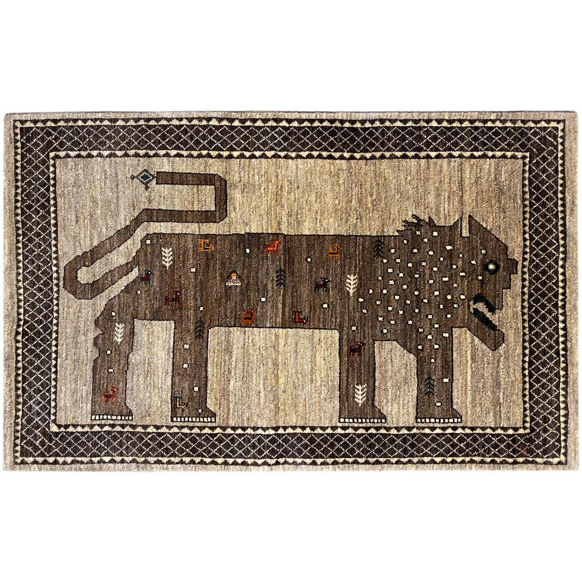 Lion Gabbeh rug 170x110 cm with a figurative pattern in beige and dark brown