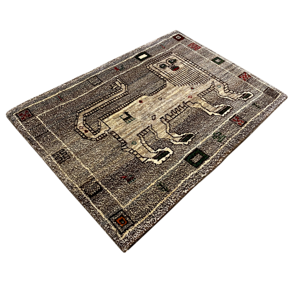 Gray Gabbeh rug with corner border and figurative central motif, multicolored accents