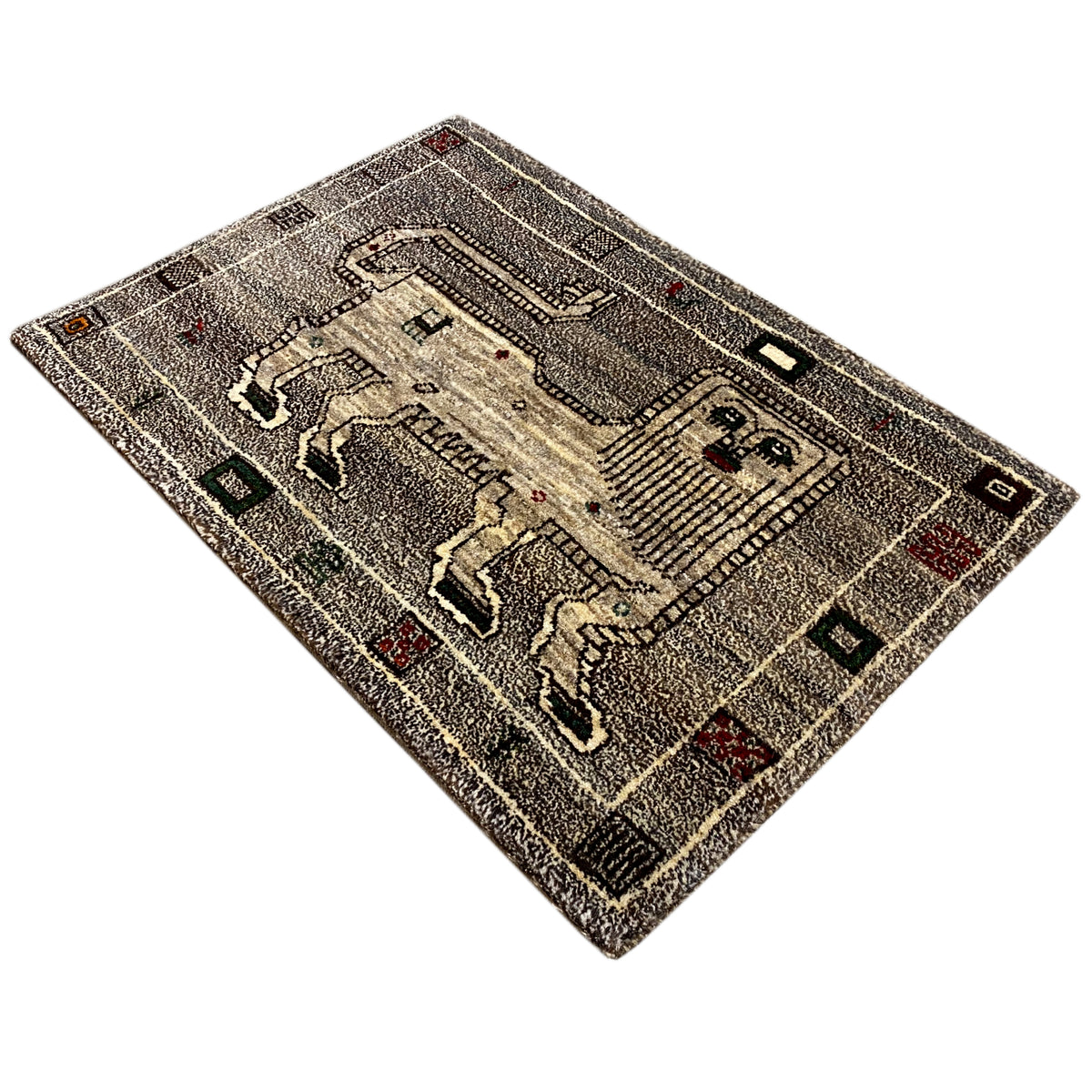 Gray carpet with a perspective interior design, patterned border, and small flecks of color