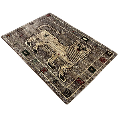 Gray carpet with a perspective interior design, patterned border, and small flecks of color