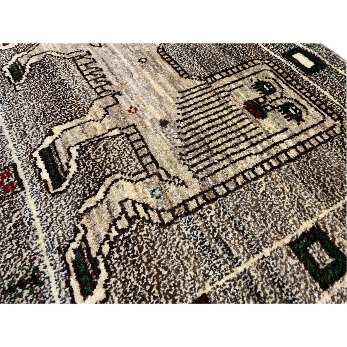 Close-up: Gray carpet fabric with contrasting lines, central structures, and dots
