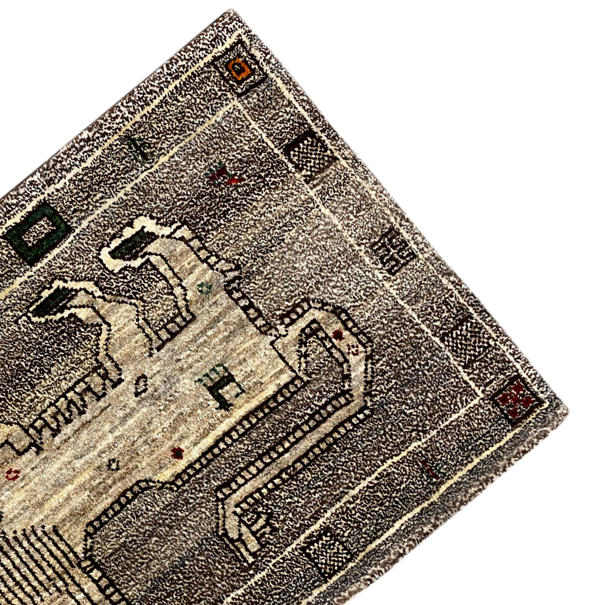 Rug corner with border: gray base design, ornaments in black/white and color blocks