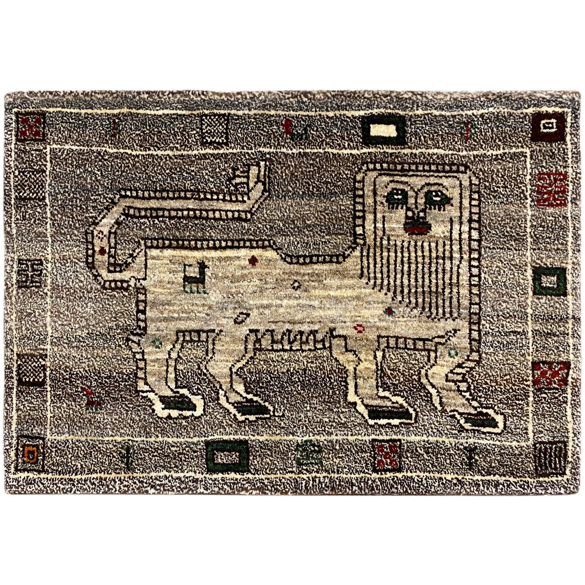 Gray Gabbeh rug with a geometric pattern and red/green accents, rectangular