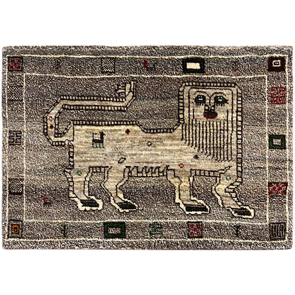 Gray Gabbeh rug with a geometric pattern and red/green accents, rectangular