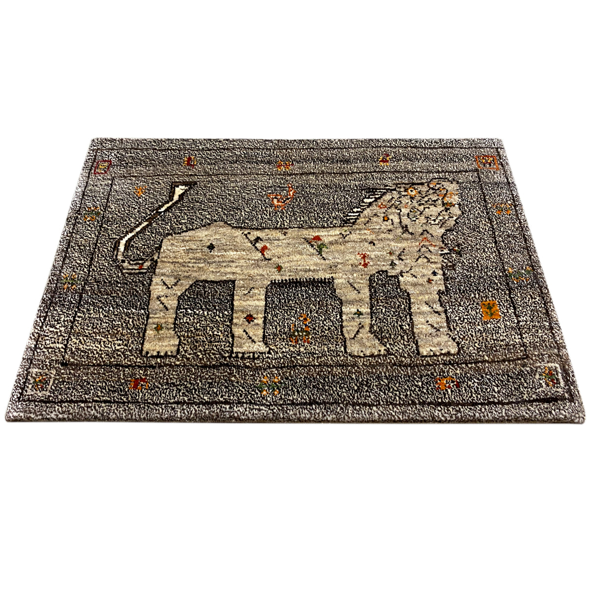 Gabbeh rug with elephant motif and decorative border, gray-beige, 96x65 cm