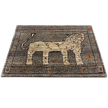 Gabbeh rug with elephant motif and decorative border, gray-beige, 96x65 cm