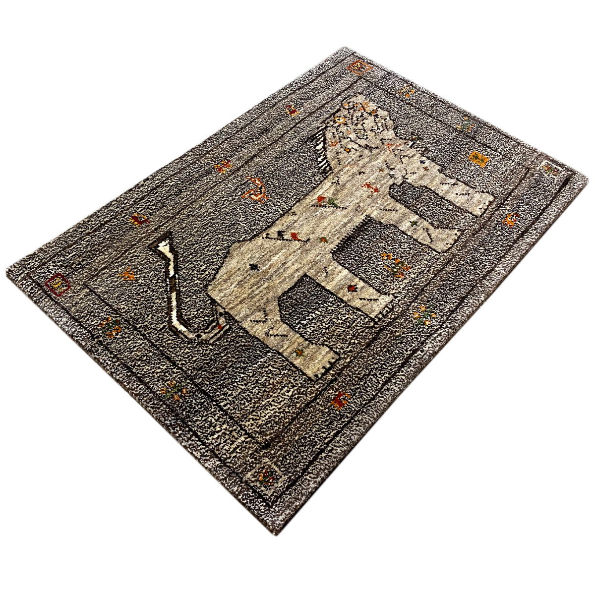 Gabbeh rug with elephant motif and borders, gray-beige with colorful dots, 96x65 cm