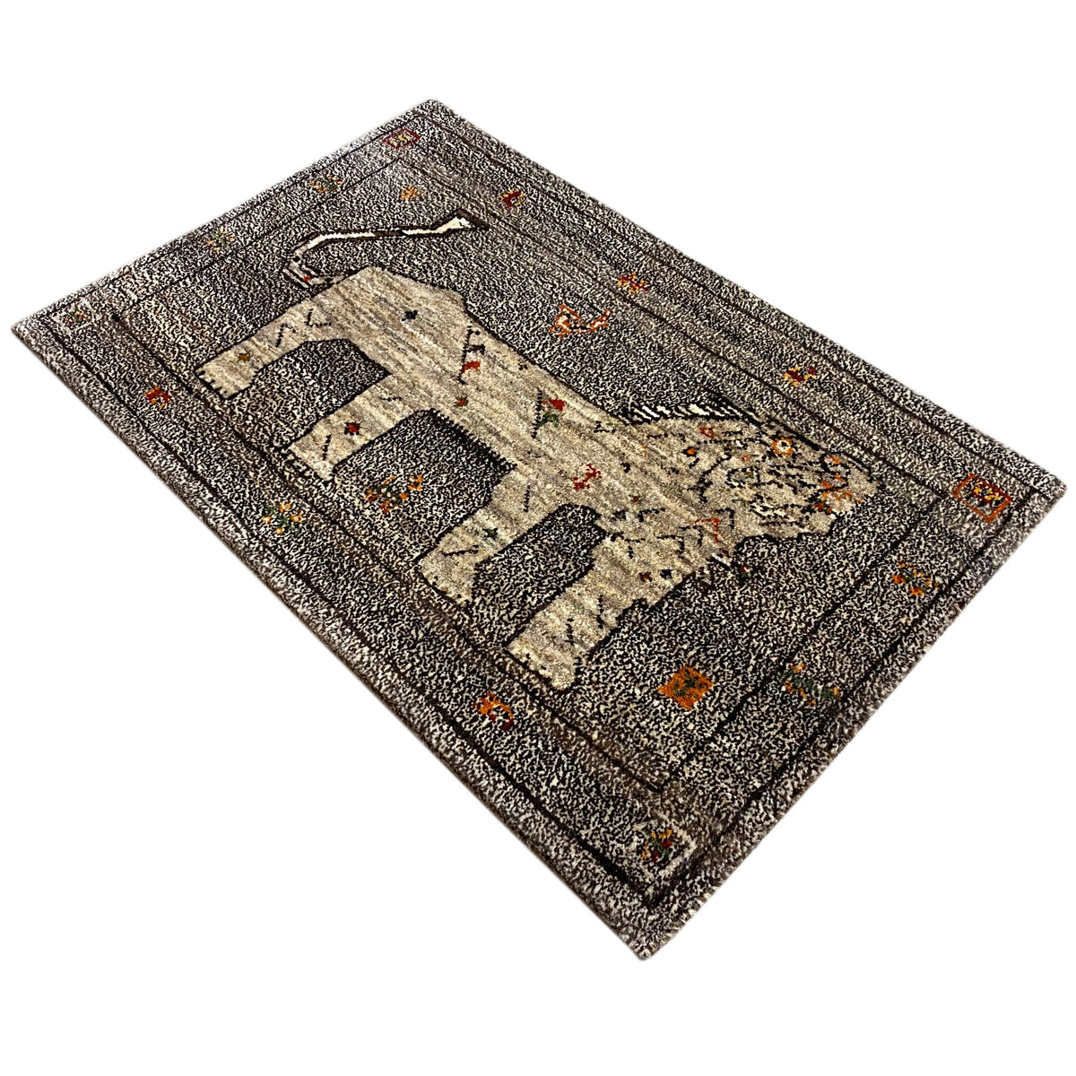 Gabbeh rug with an elephant motif in the central field and patterned border, gray-beige, 96x65 cm