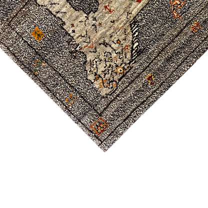 Corner detail with border: dark pile and beige motif, gray-beige, Gabbeh rug