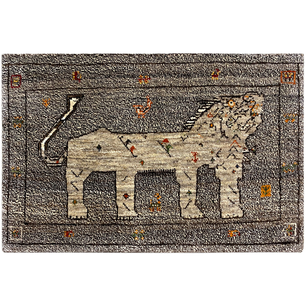 Rectangular Gabbeh rug with an elephant motif in beige on a dark background, 96x65 cm