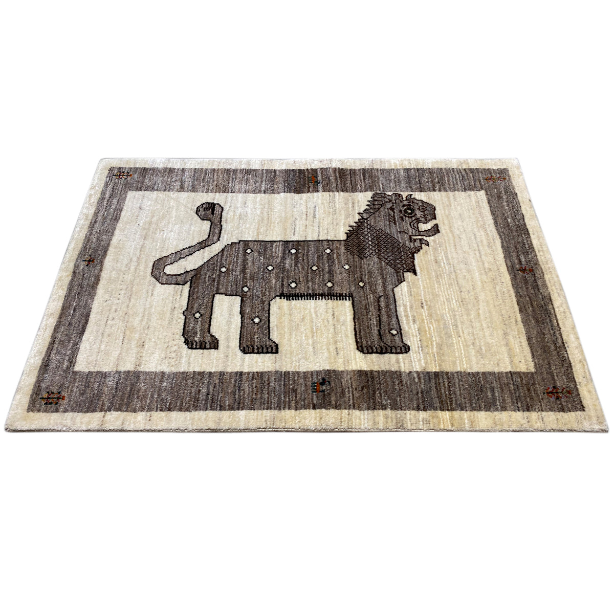 Rectangular Gabbeh rug: beige background with a dark gray lion motif in the central area.