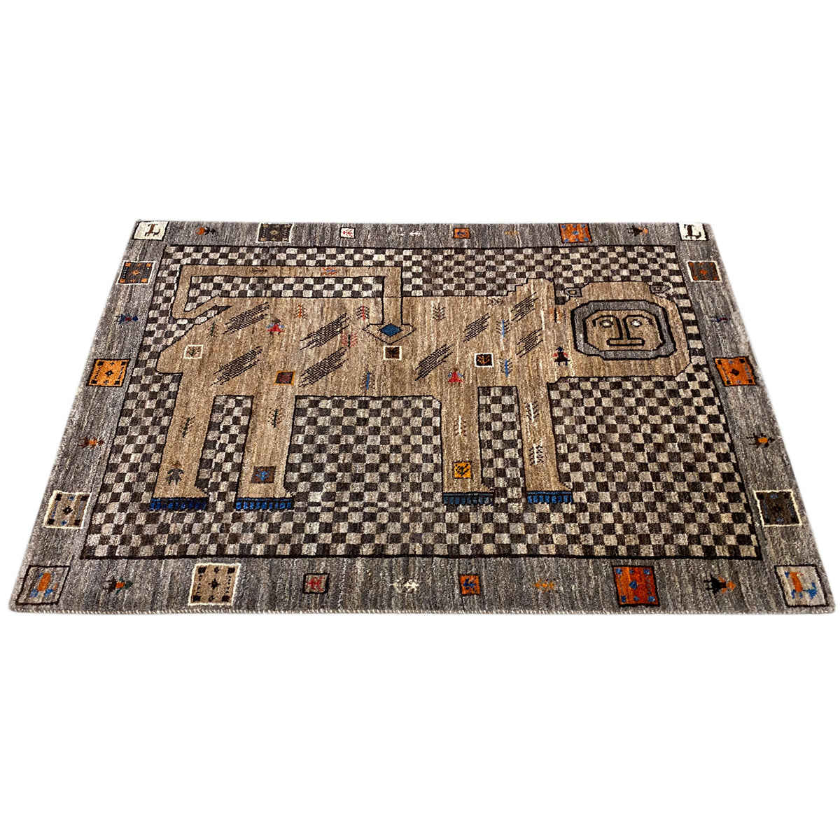 Beige Gabbeh rug with a lion motif and black-and-gray checks, rectangular