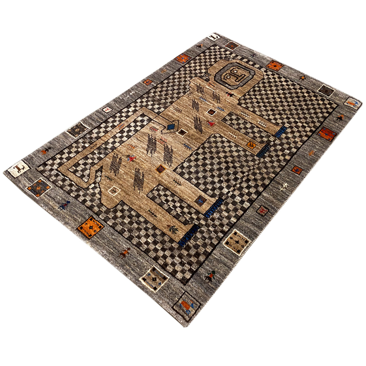 Beige Gabbeh rug with a lion motif in the center, diagonal view, intricate patterns