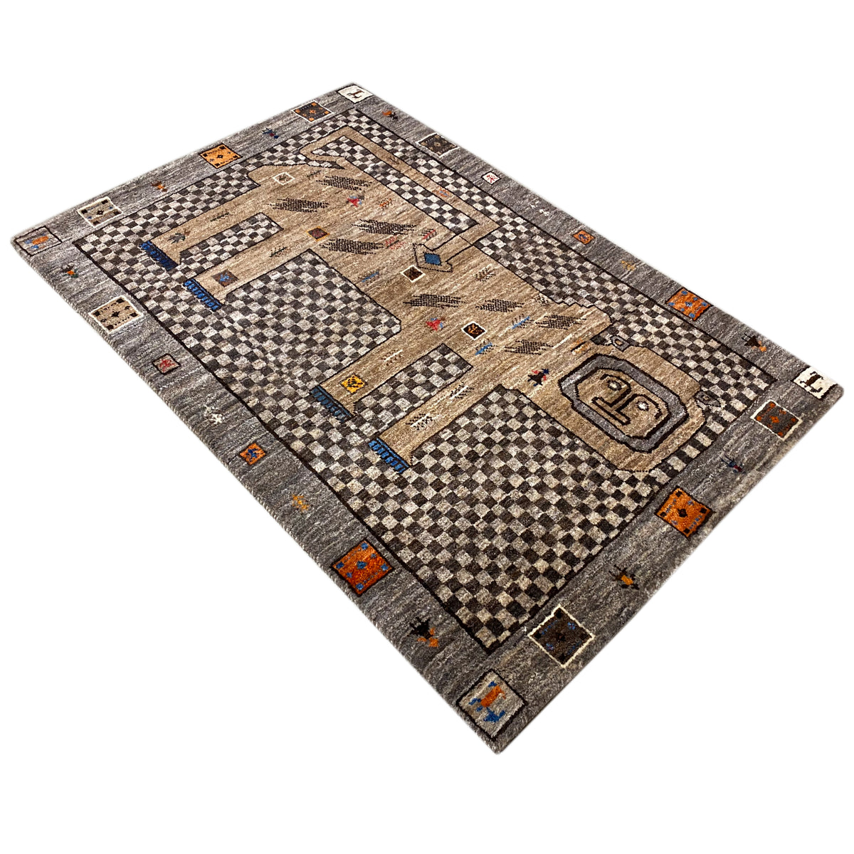 Beige Gabbeh rug with lion figure and checkered pattern, photographed diagonally