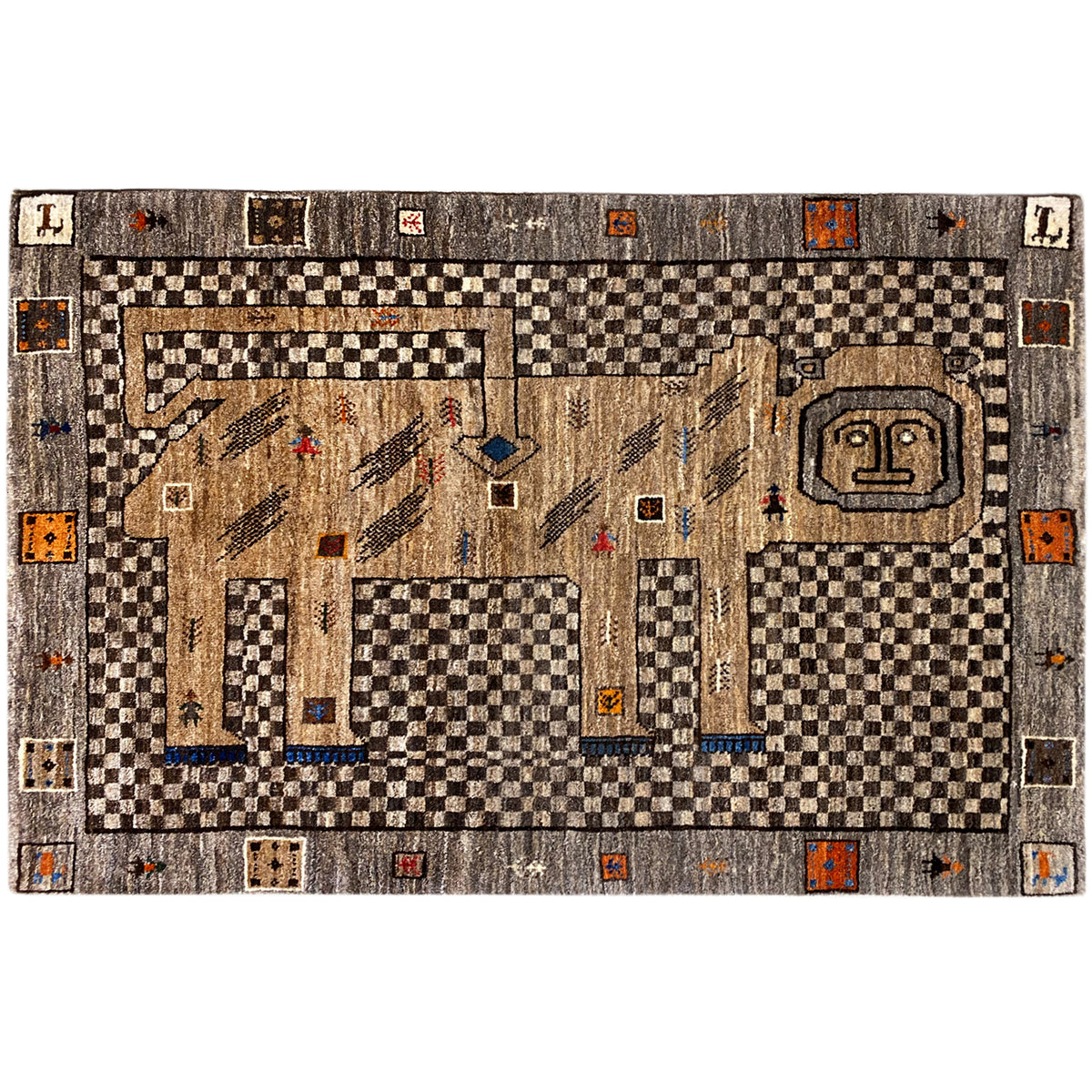 Beige Gabbeh rug with lion motif, geometric pattern, and wide border