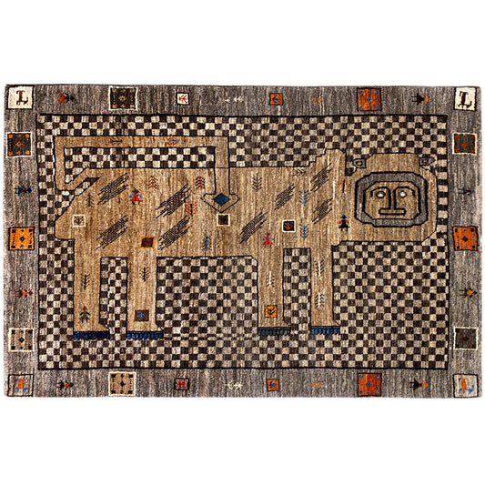 Beige Gabbeh rug with lion motif, geometric pattern, and wide border